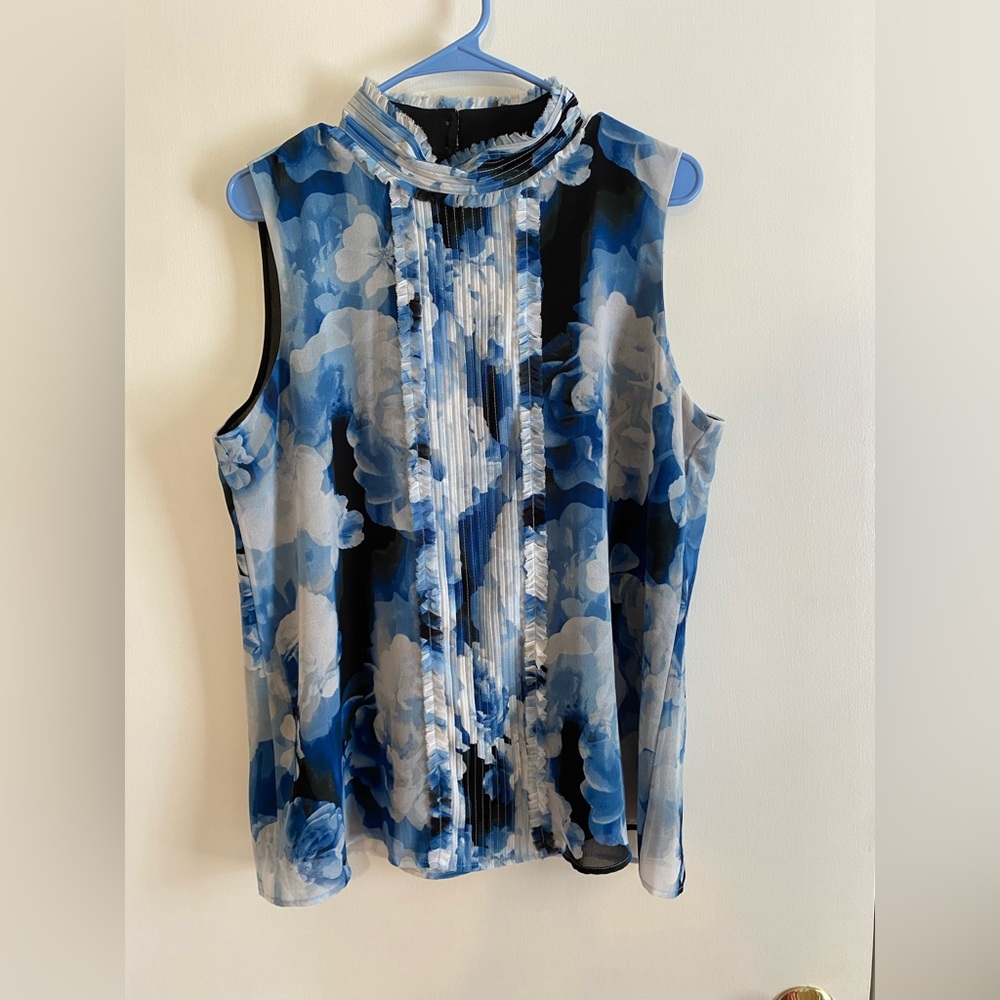 Karl Lagerfeld Women’s Sleeveless Blouse Blue White Floral Large